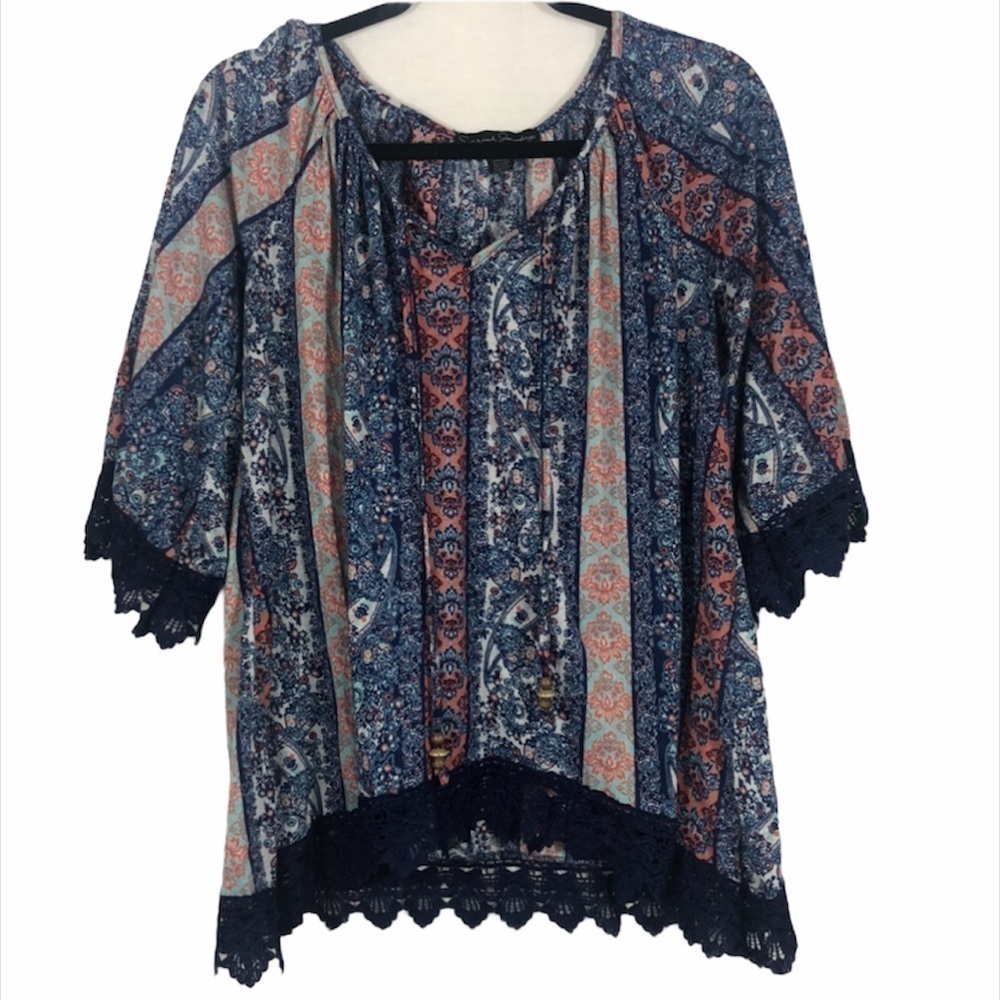 French Laundry blouse with lace hem boho size M